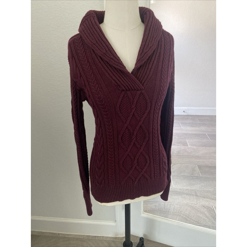 Eddie Bauer Burgundy Shawl Neck Chunky Cable Knit Sweater Trending Burgundy Sz S